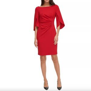 DKNY Women's Red Tulip Sleeve Side Ruched Sheath Dress Size: 4